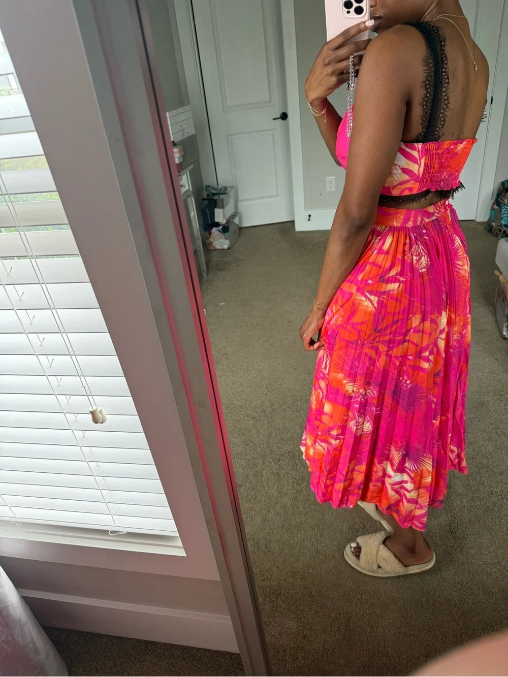 Bright Pink Tropical Print Pleated Midi Skirt and Matching Crop Top Set